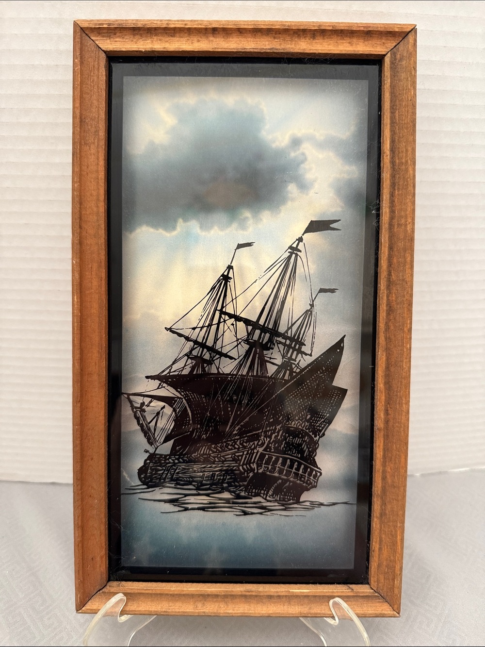 Vintage Reverse Glass Painting Mid Century Nautical Pirate Galleon Ship Framed